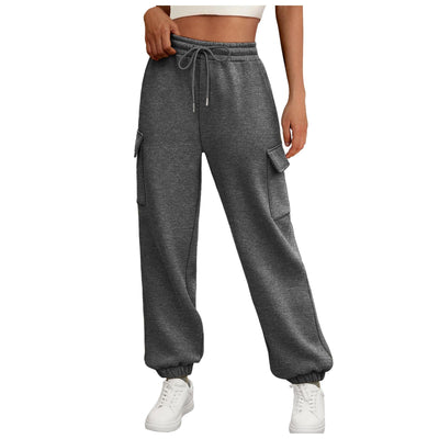Thick Drawstring Cargo Sweatpants – High-Waist Soft Fleece Joggers with Pockets