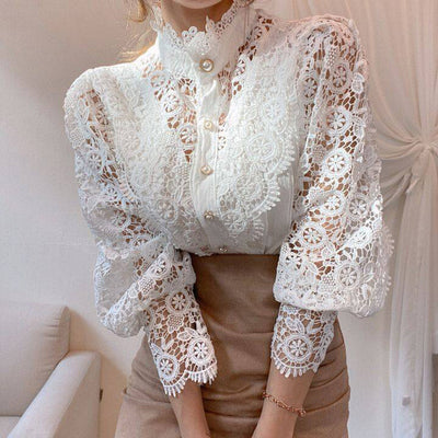 Vintage Pearl Button Lace Blouse - Puff Sleeve Semi-Sheer Ruffled Stand Collar Shirt