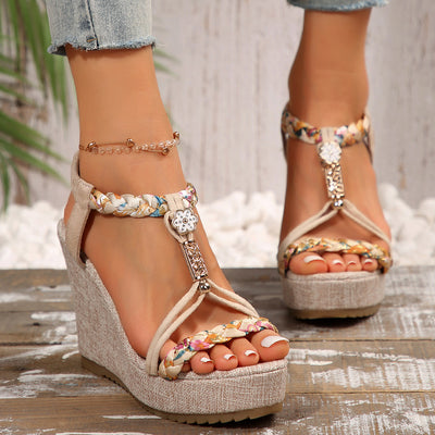 Women's Shoes Color Matching Fabric Woven Open Toe Hollow