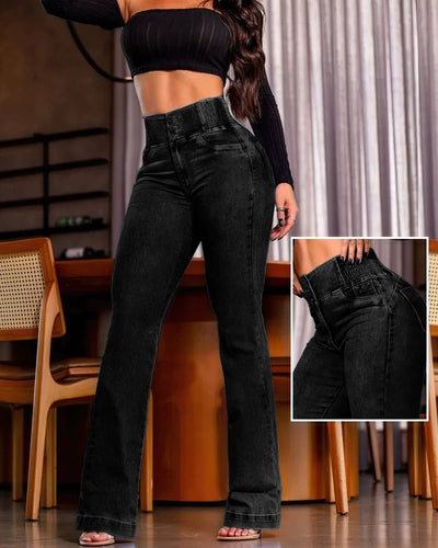 Elegant Casual Female Trouser Bottom Back Shirred Button Front High Waist Jeans