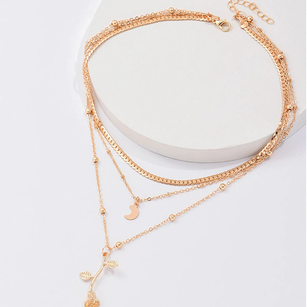 Bohemia Multilayer Moon Gold Color Pendant Necklaces For Women Rose Flower Choker Necklace 2025 Fashion Jewelry