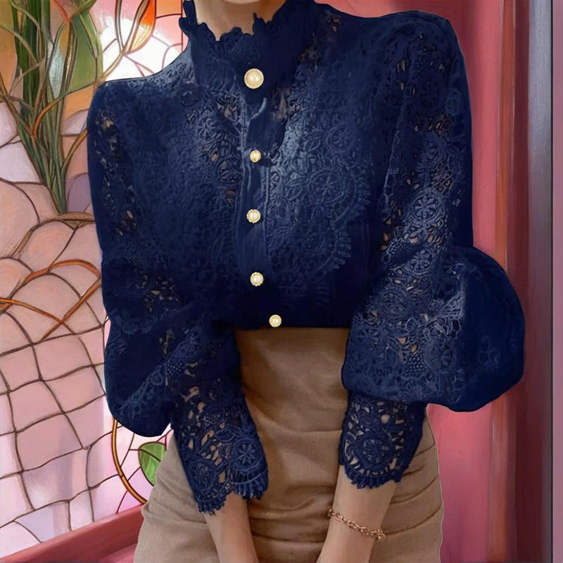 Vintage Pearl Button Lace Blouse - Puff Sleeve Semi-Sheer Ruffled Stand Collar Shirt