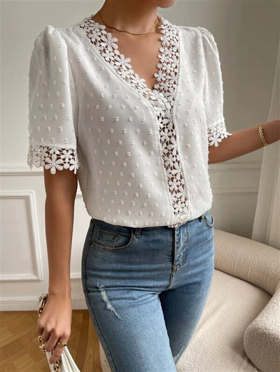 Floral Lace Short Sleeve Shirt V-Neck Top