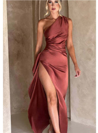 One-shoulder Backless Slit Dress Summer Elegant Slim-fit Solid Color Satin