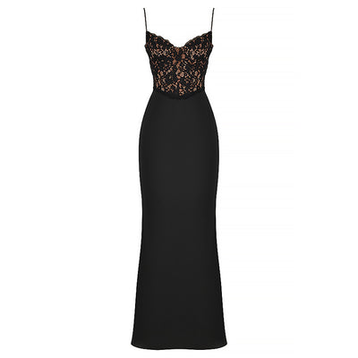 Lace High Waist Long Dress Deep V Strap Fishtail Gown