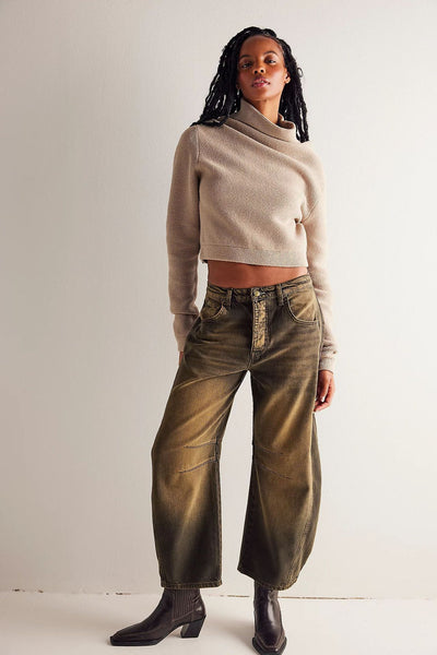 High Stretch Mid-Rise Barrel Jeans Fashion Wide Leg Shape Women Casual