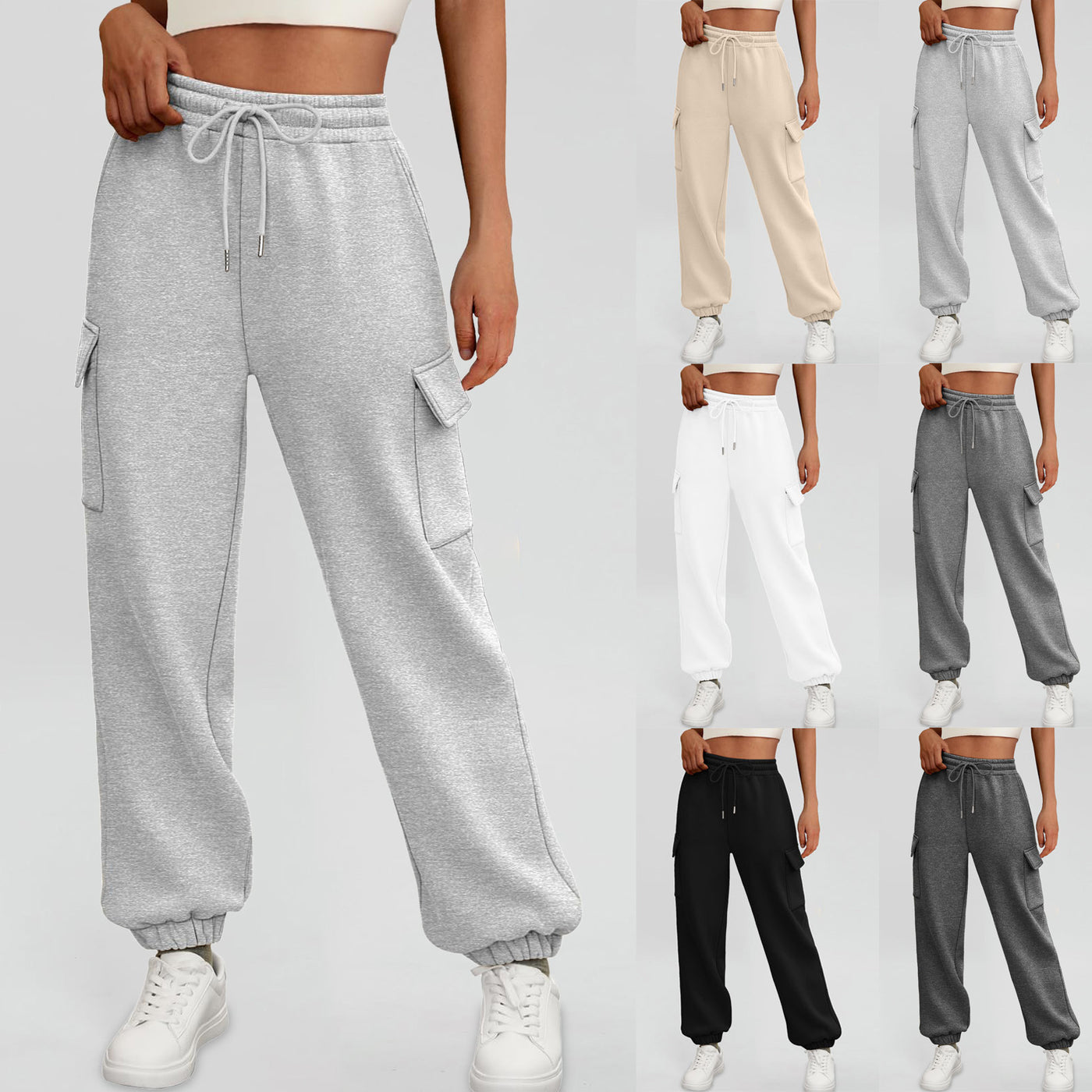 Thick Drawstring Cargo Sweatpants – High-Waist Soft Fleece Joggers with Pockets