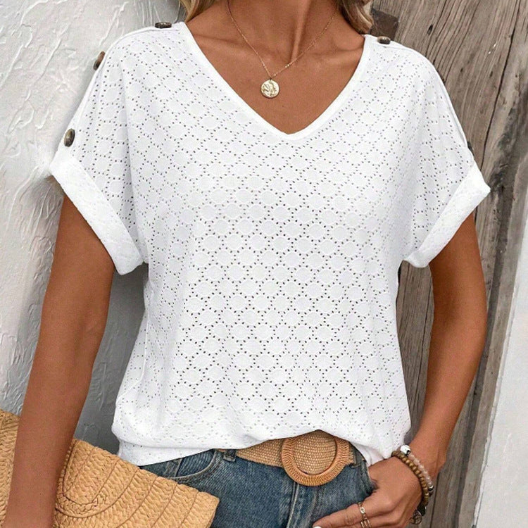 Button Solid Color Circle Loose Short Sleeve T-shirt