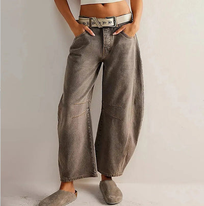 High Stretch Mid-Rise Barrel Jeans Fashion Wide Leg Shape Women Casual