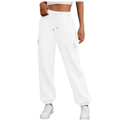 Thick Drawstring Cargo Sweatpants – High-Waist Soft Fleece Joggers with Pockets