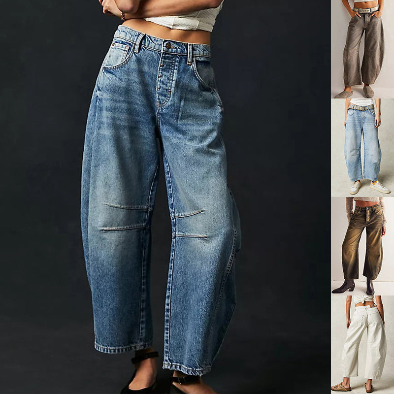 High Stretch Mid-Rise Barrel Jeans Fashion Wide Leg Shape Women Casual