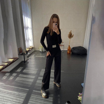 Fashion Round Neck Long Sleeve Solid Color T-shirt Slim Straight Trouser Set