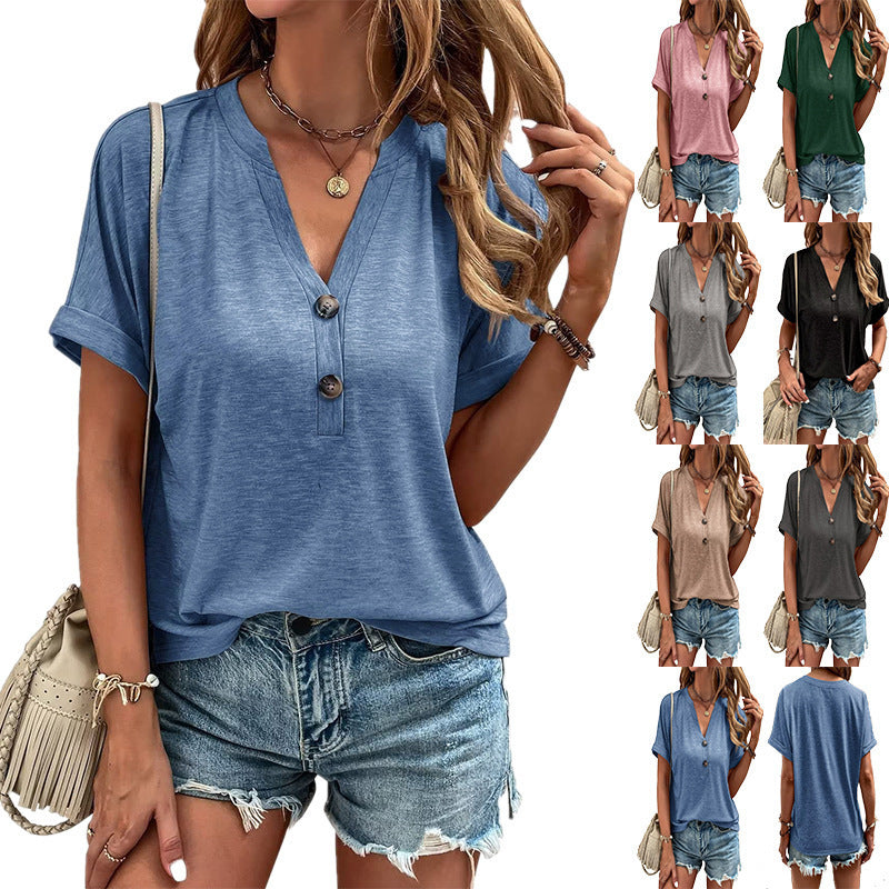Short Sleeve Button Down V Neck Business Casual