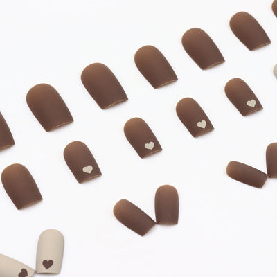 Warm Brown & Nude Love Nail Set – Medium Length | 24pcs