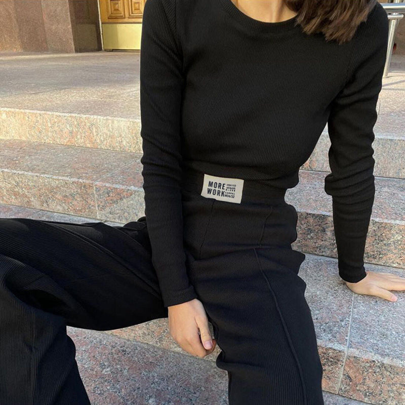 Fashion Round Neck Long Sleeve Solid Color T-shirt Slim Straight Trouser Set