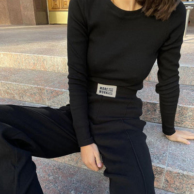 Fashion Round Neck Long Sleeve Solid Color T-shirt Slim Straight Trouser Set
