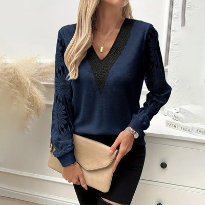 Sunflower Embroidered Guipure Lace  V-Neck Tee - Breathable Long Sleeve Blouse