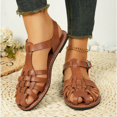 Vintage Weave Closed Toe Sandals Women's Seaside Vacation Soft Bottom Brown Roman