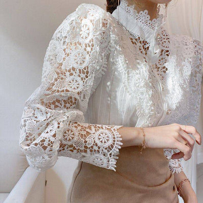 Vintage Pearl Button Lace Blouse - Puff Sleeve Semi-Sheer Ruffled Stand Collar Shirt