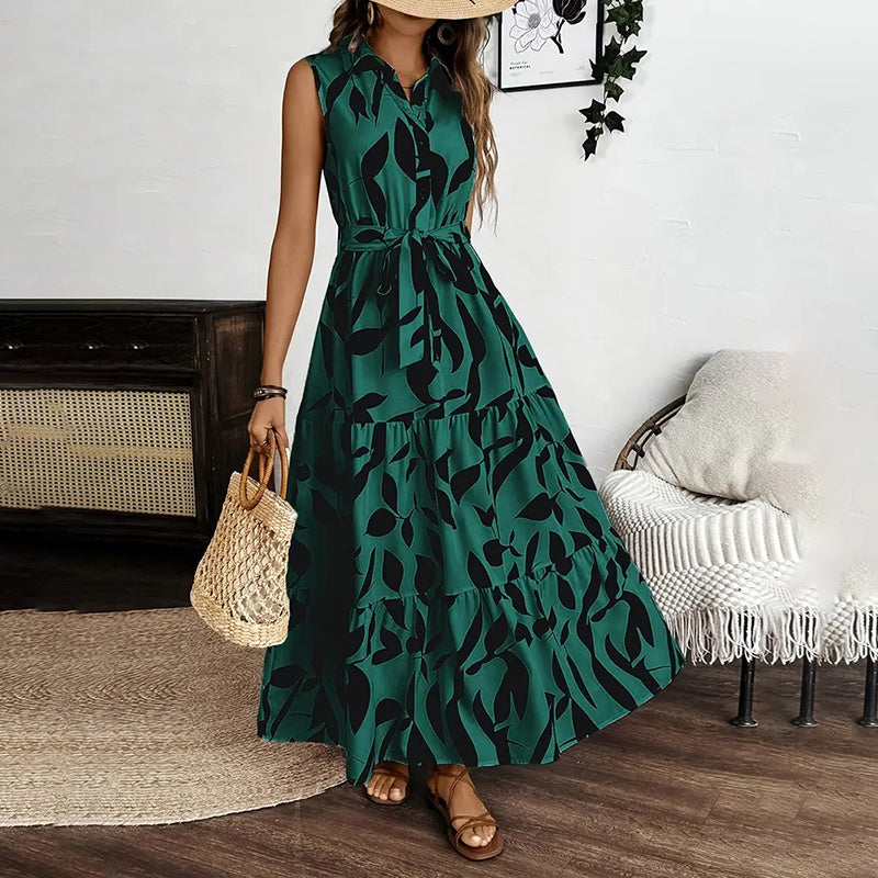 Women Sleeveless Boho Floral Button Shirt V Neck Flowy Belted Maxi Dress