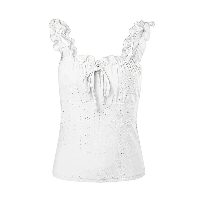 Cute Sleeveless Tank Tops Frill Trim Strap Tie Knot Square Neck Eyelet Blouse