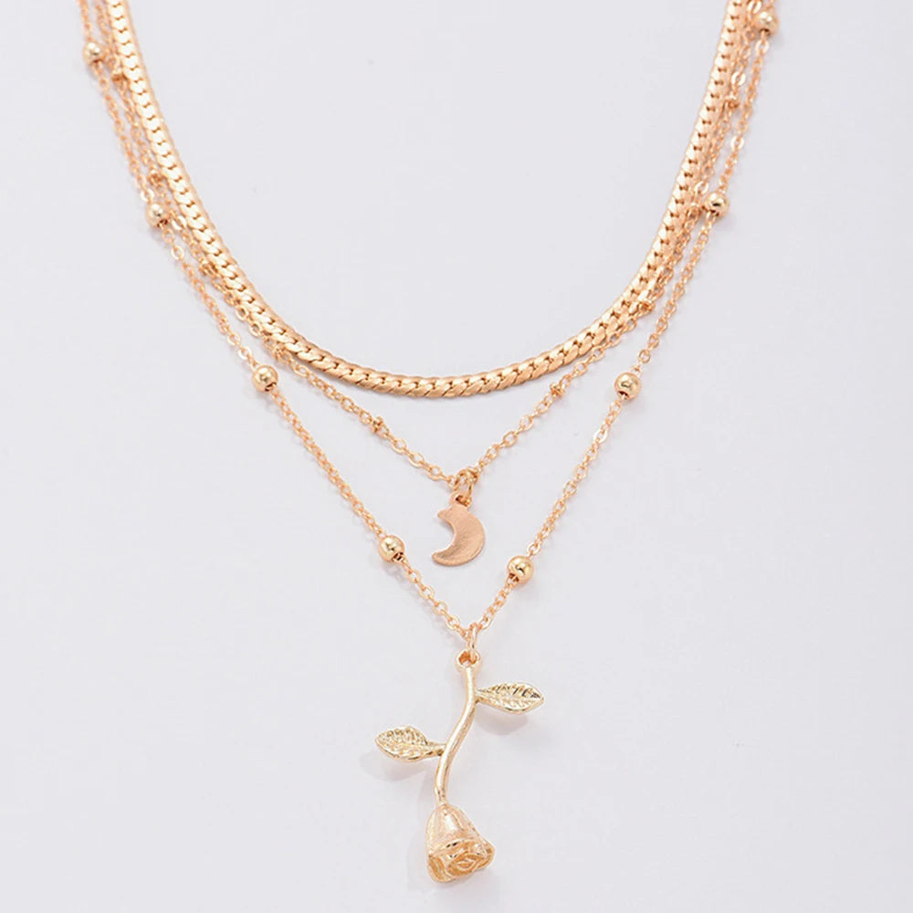 Bohemia Multilayer Moon Gold Color Pendant Necklaces For Women Rose Flower Choker Necklace 2025 Fashion Jewelry