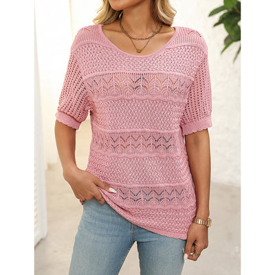 Crew Neck Crochet Knit Blouse T Shirts