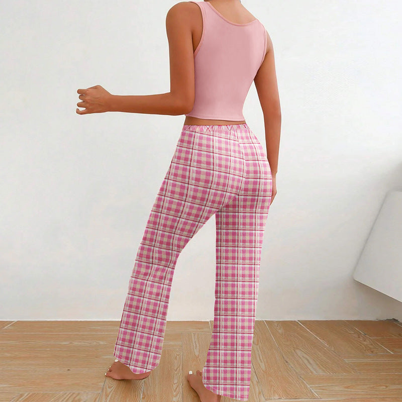 Spring Summer Women's Casual Pajamas Home Wear Vest Color Matching Plaid Trousers Letter Print Top Ladies 2 Pcs