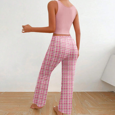 Spring Summer Women's Casual Pajamas Home Wear Vest Color Matching Plaid Trousers Letter Print Top Ladies 2 Pcs
