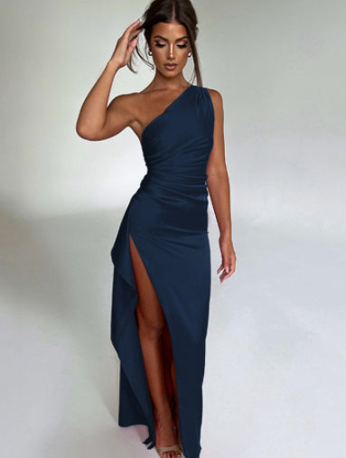One-shoulder Backless Slit Dress Summer Elegant Slim-fit Solid Color Satin
