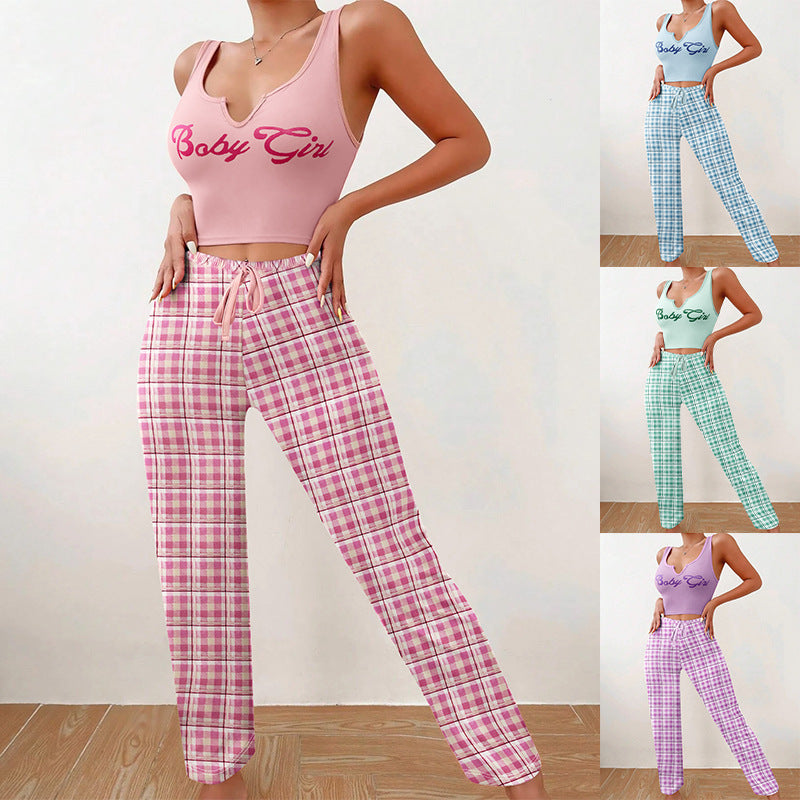 Spring Summer Women's Casual Pajamas Home Wear Vest Color Matching Plaid Trousers Letter Print Top Ladies 2 Pcs