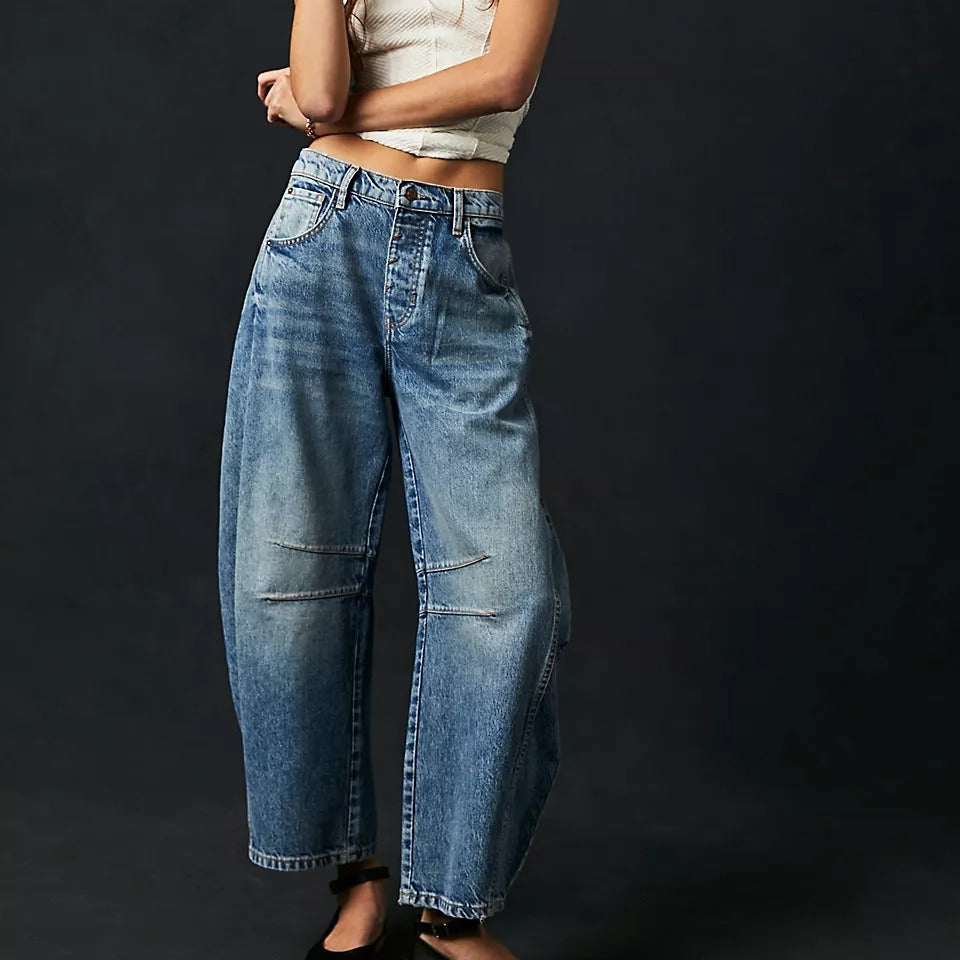 High Stretch Mid-Rise Barrel Jeans Fashion Wide Leg Shape Women Casual