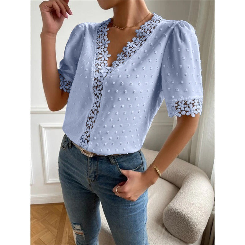 Floral Lace Short Sleeve Shirt V-Neck Top
