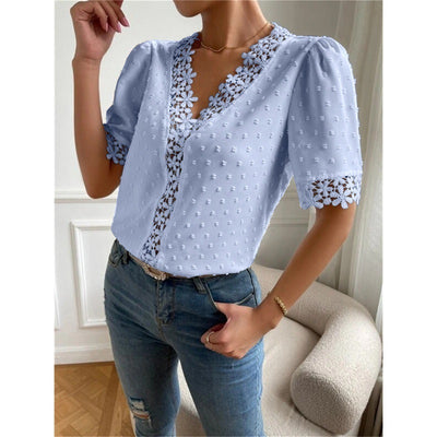 Floral Lace Short Sleeve Shirt V-Neck Top