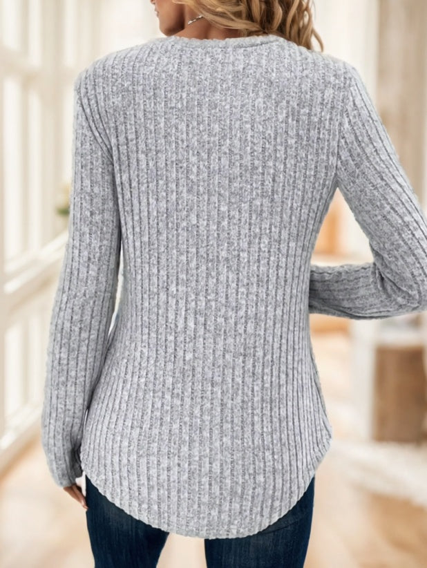 Ribbed Botton V Neck T-Shirt - Elegant Long Sleeve T-Shirt For Spring