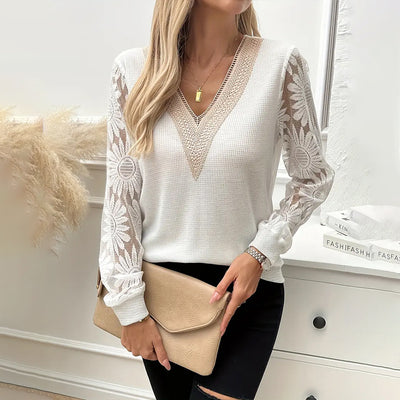 Sunflower Embroidered Guipure Lace  V-Neck Tee - Breathable Long Sleeve Blouse