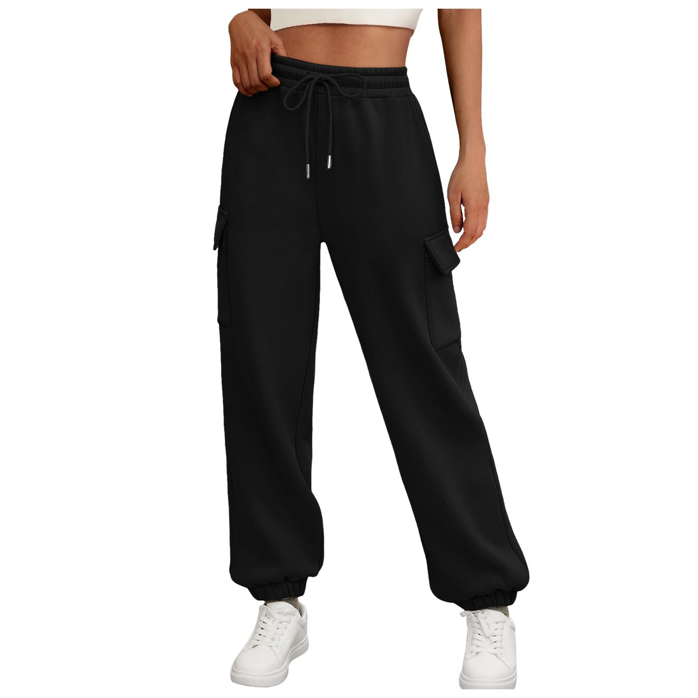 Thick Drawstring Cargo Sweatpants – High-Waist Soft Fleece Joggers with Pockets