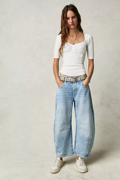 High Stretch Mid-Rise Barrel Jeans Fashion Wide Leg Shape Women Casual