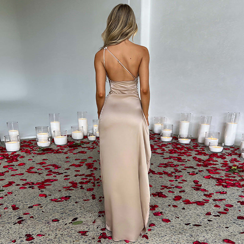 One-shoulder Backless Slit Dress Summer Elegant Slim-fit Solid Color Satin