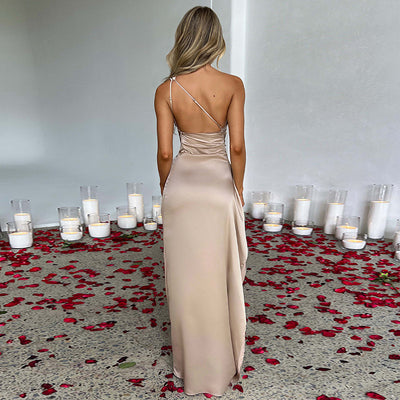 One-shoulder Backless Slit Dress Summer Elegant Slim-fit Solid Color Satin