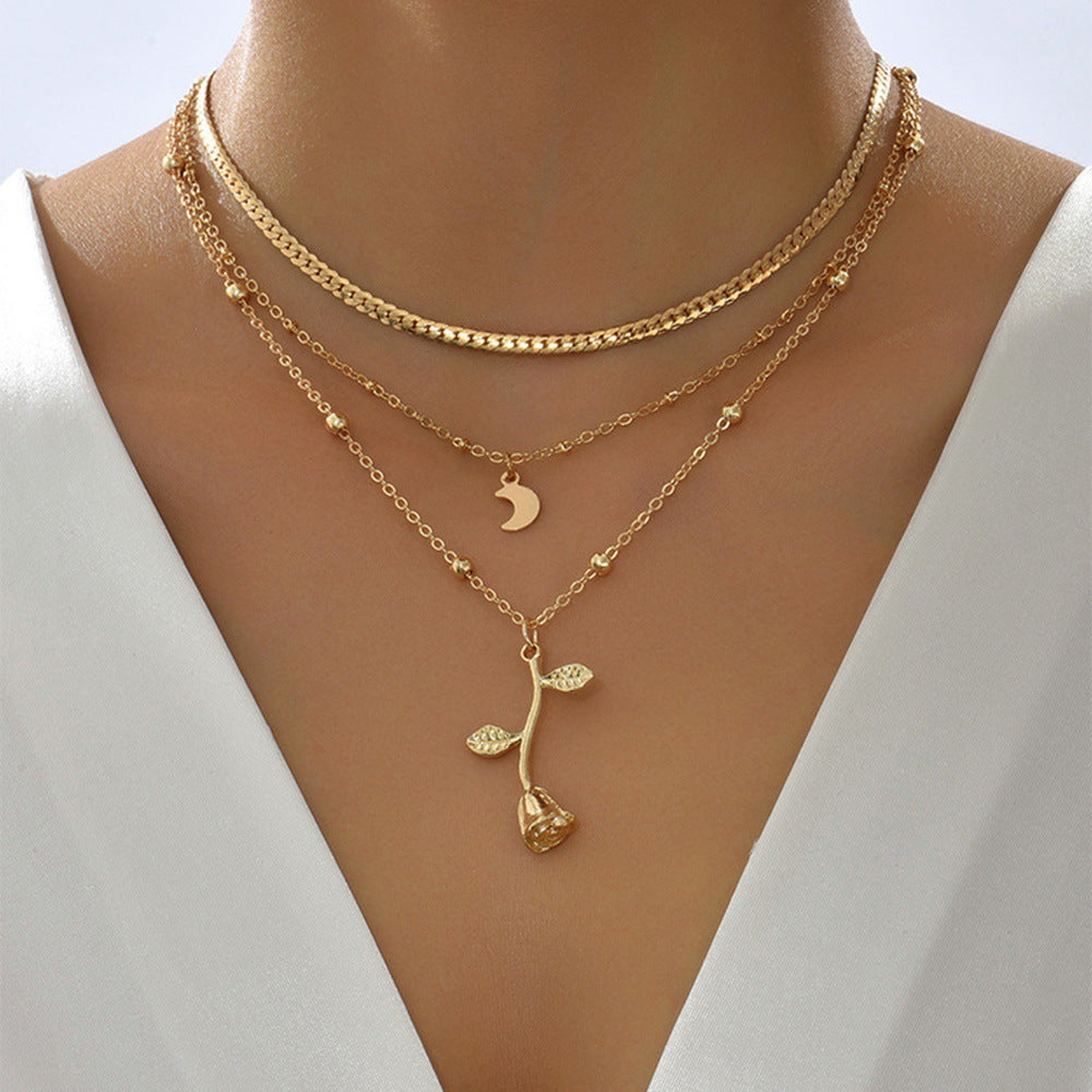 Bohemia Multilayer Moon Gold Color Pendant Necklaces For Women Rose Flower Choker Necklace 2025 Fashion Jewelry