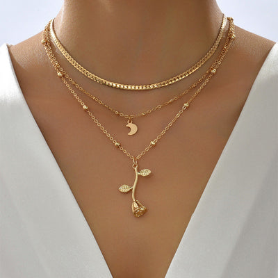 Bohemia Multilayer Moon Gold Color Pendant Necklaces For Women Rose Flower Choker Necklace 2025 Fashion Jewelry