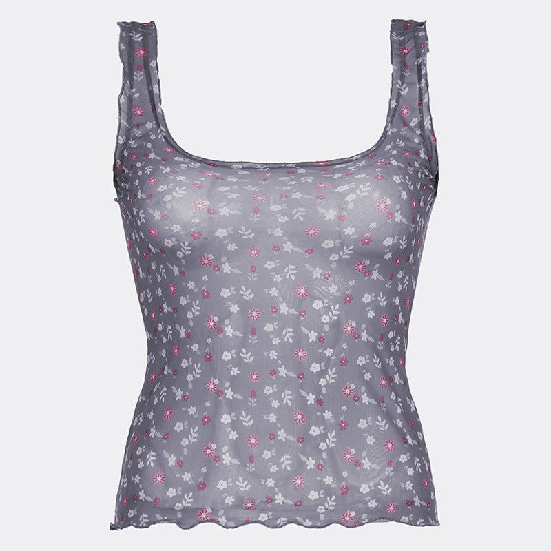 Floral Contrast Color Mesh See-through Square Collar Sling Top