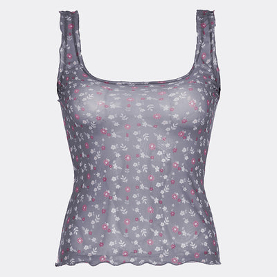 Floral Contrast Color Mesh See-through Square Collar Sling Top