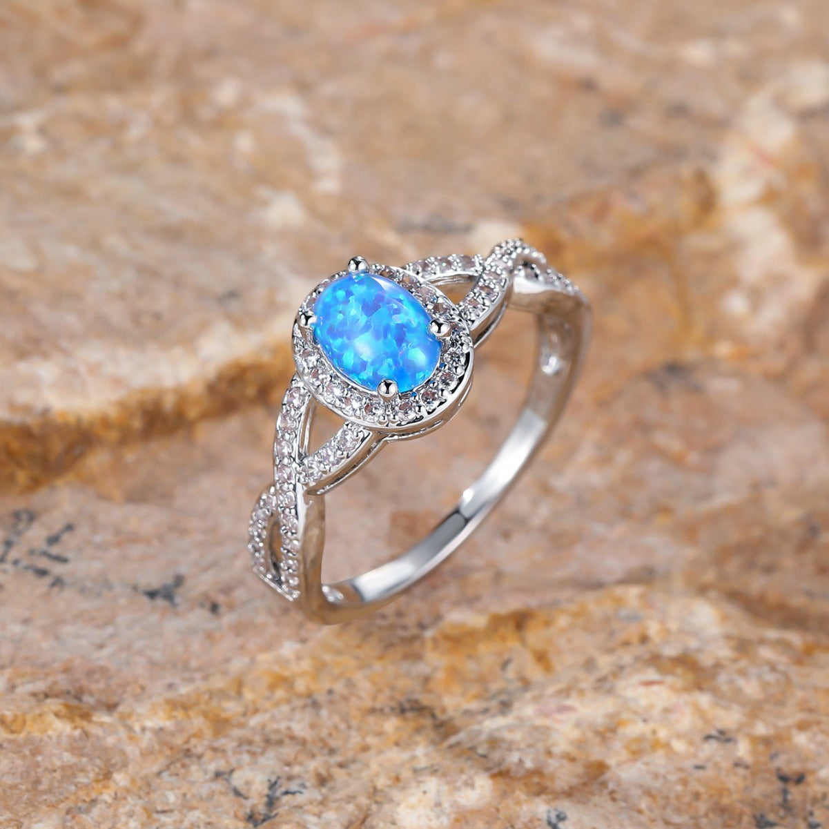 Artistic Retro White K Egg-shaped Blue Opal Edge White Diamond Lace Ring