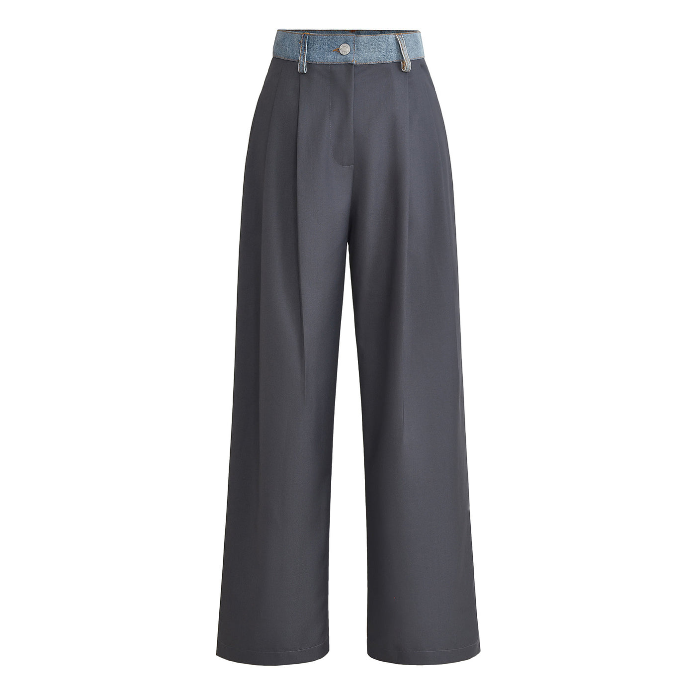 Color Contrast Patchwork Denim Waist High Waist Loose Straight Casual Pants