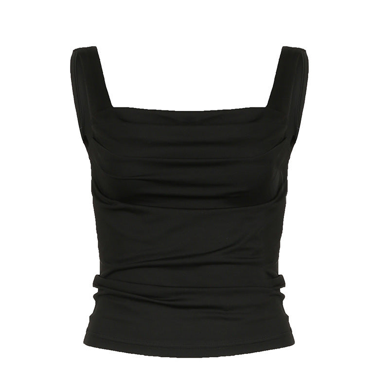 Solid Color Low Square Collar Pleated Slim Strap Women Outerwear Top
