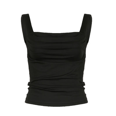 Solid Color Low Square Collar Pleated Slim Strap Women Outerwear Top