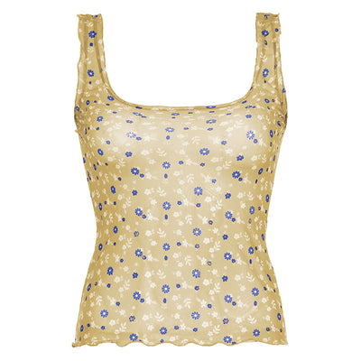 Floral Contrast Color Mesh See-through Square Collar Sling Top