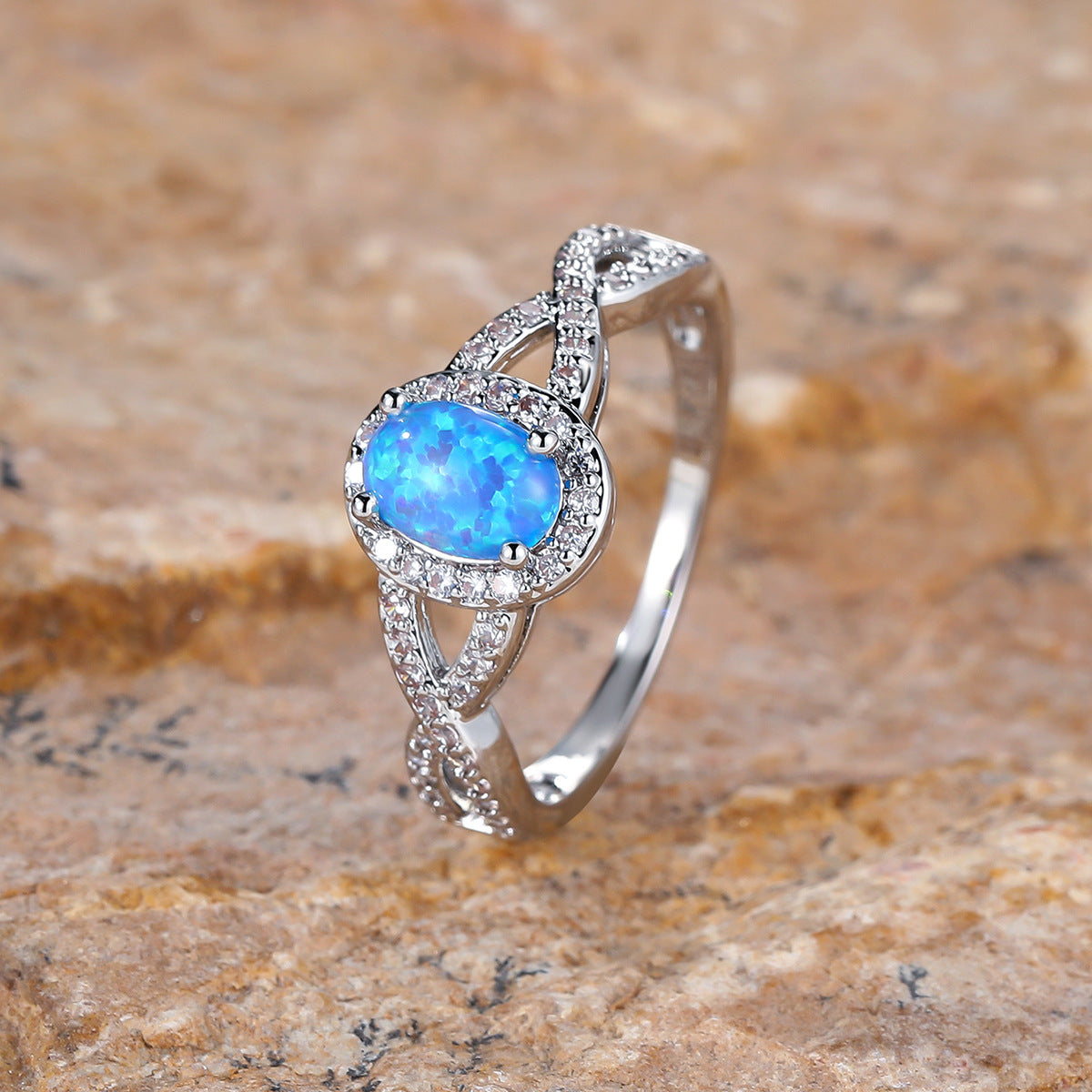 Artistic Retro White K Egg-shaped Blue Opal Edge White Diamond Lace Ring
